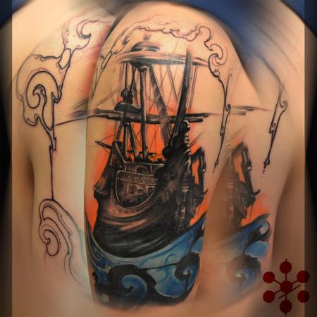 Tattoos - Cover Up Pirate Ship, color, neo traditional boat, art nouveau filigree  - 130847